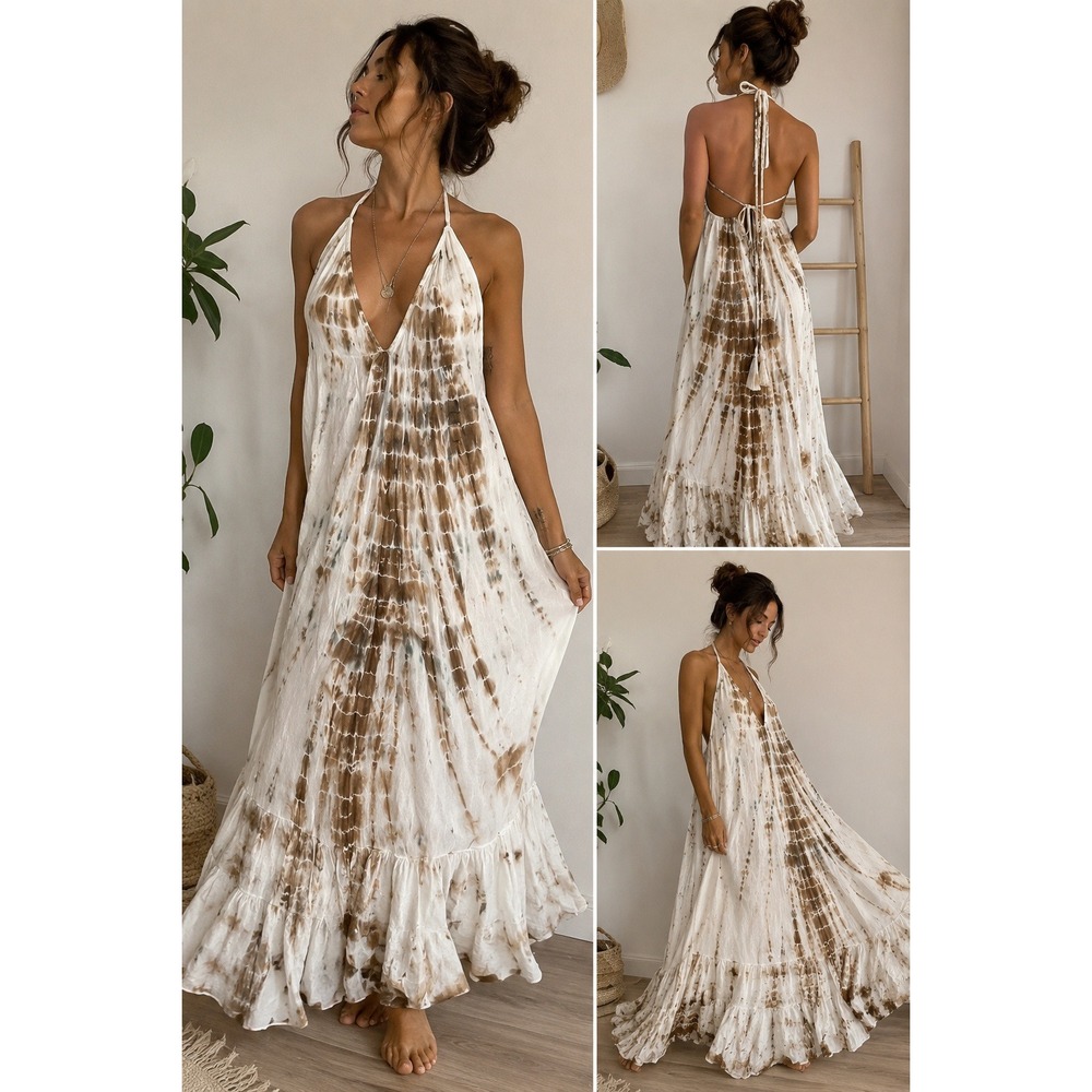 Boho Tie Dye Halter Maxi Dress Brown Cream Ruffle Hem Open Back Summer Festival
